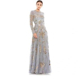 Mac Duggal Gray and Gold Embellished Maxi Dress